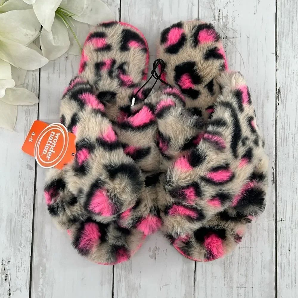 Big Girls Cross Band Faux Fur Leopard Slippers Shoes Size 4-5
